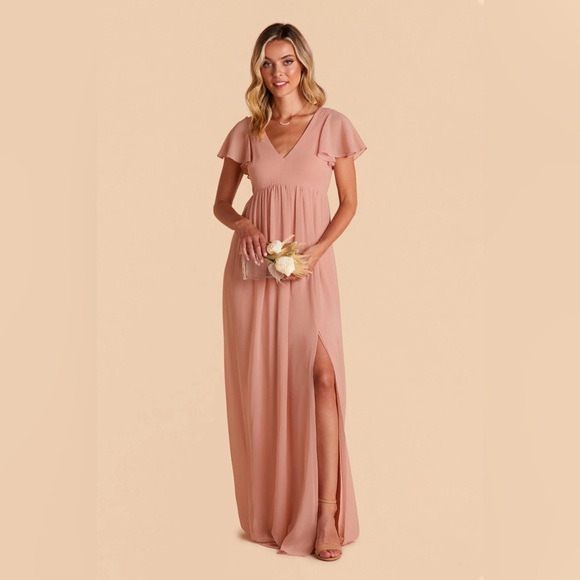 Women\'s Dusty Rose V-Neck Flutter Sleeve Empire Dress